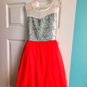 Girls red and silver hi low dress